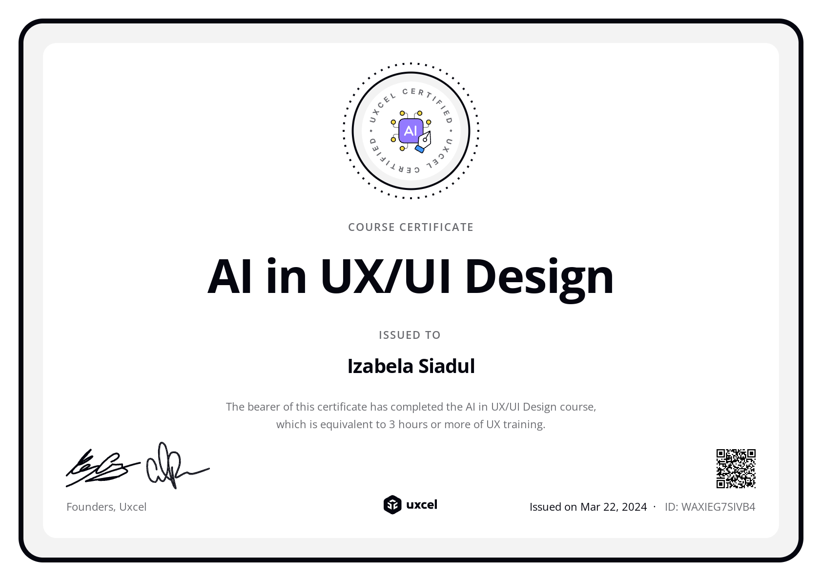 Izabela Siadul's certificate